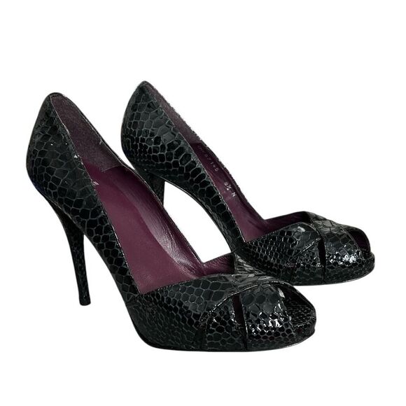 Stuart Weitzman Shoes 8.5 Black Reptile Snake Pumps Heels Peep Toe 8 1/2 - Picture 2 of 5